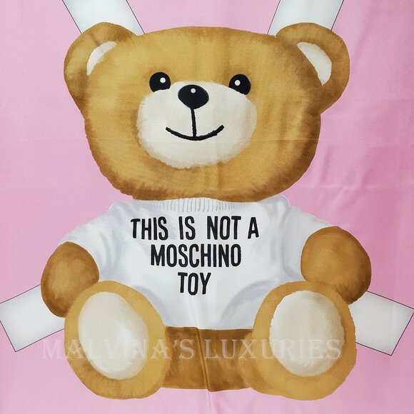 MOSCHINO SCARF PINK PAPER DOLL TEDDY BEAR & LOGO SILK TWILL SQUARE FOULARD 34" - Picture 7 of 9